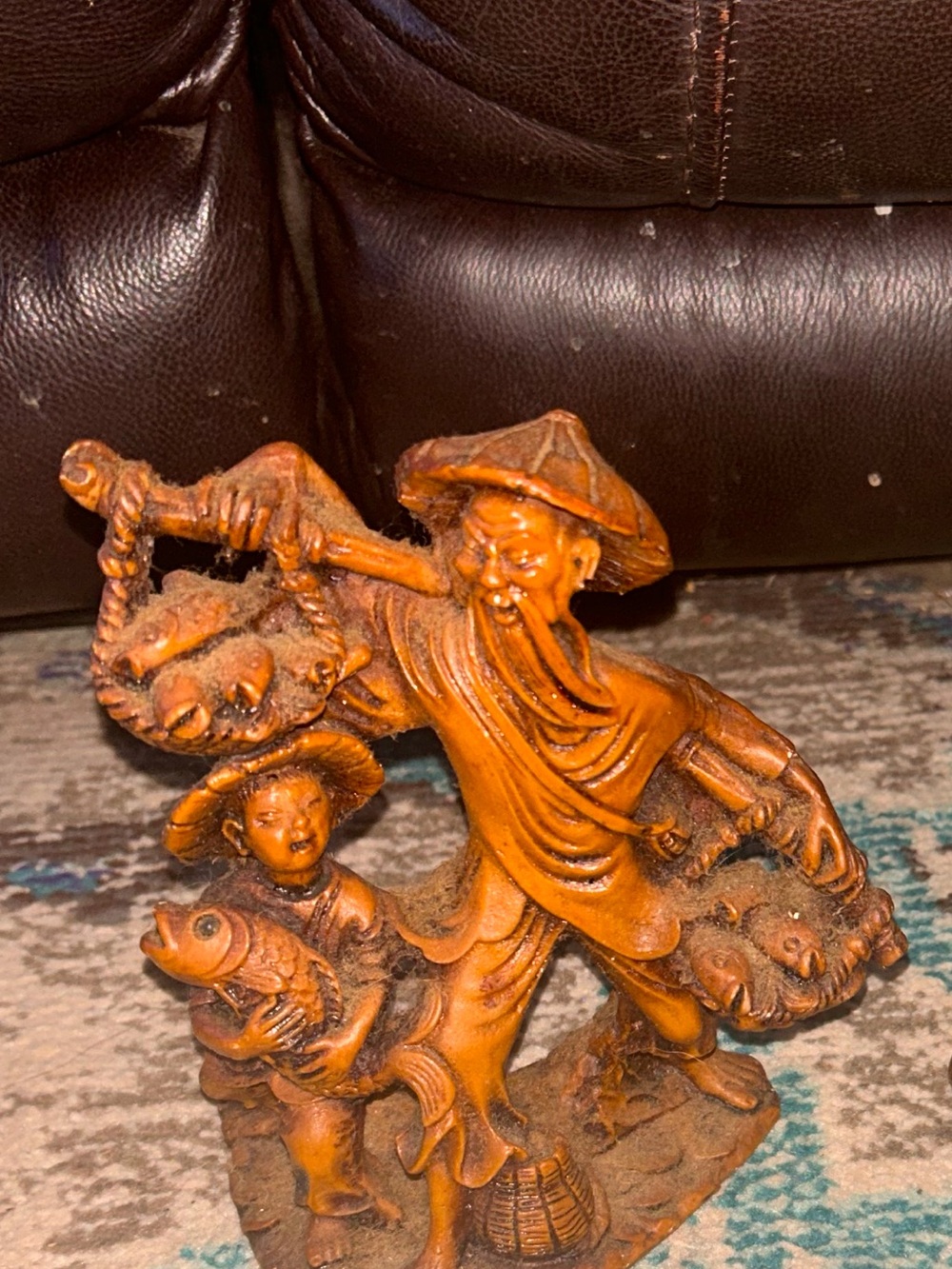 rare Vintage Rosewood Hand Carved Chinese Fisherman With Child